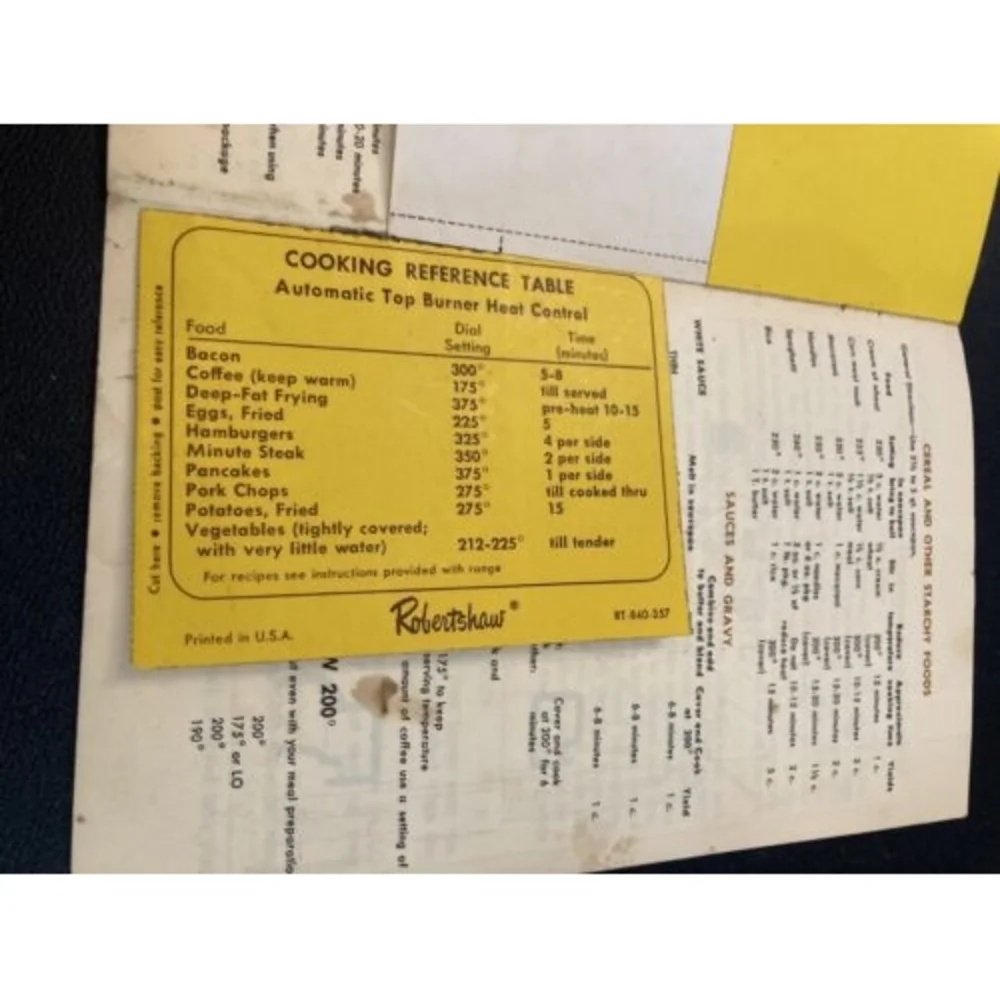 Vtg Robertshaw Thermal Eye Range Thermostat Instruction Cooking Suggestion Table